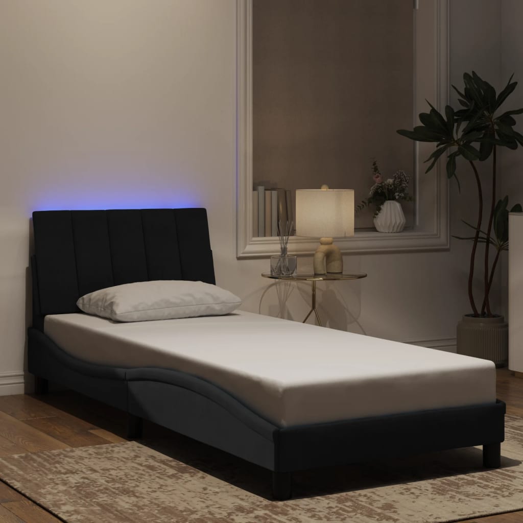 vidaXL Рамка за легло с LED осветление, черна, 90x200 см, кадифе