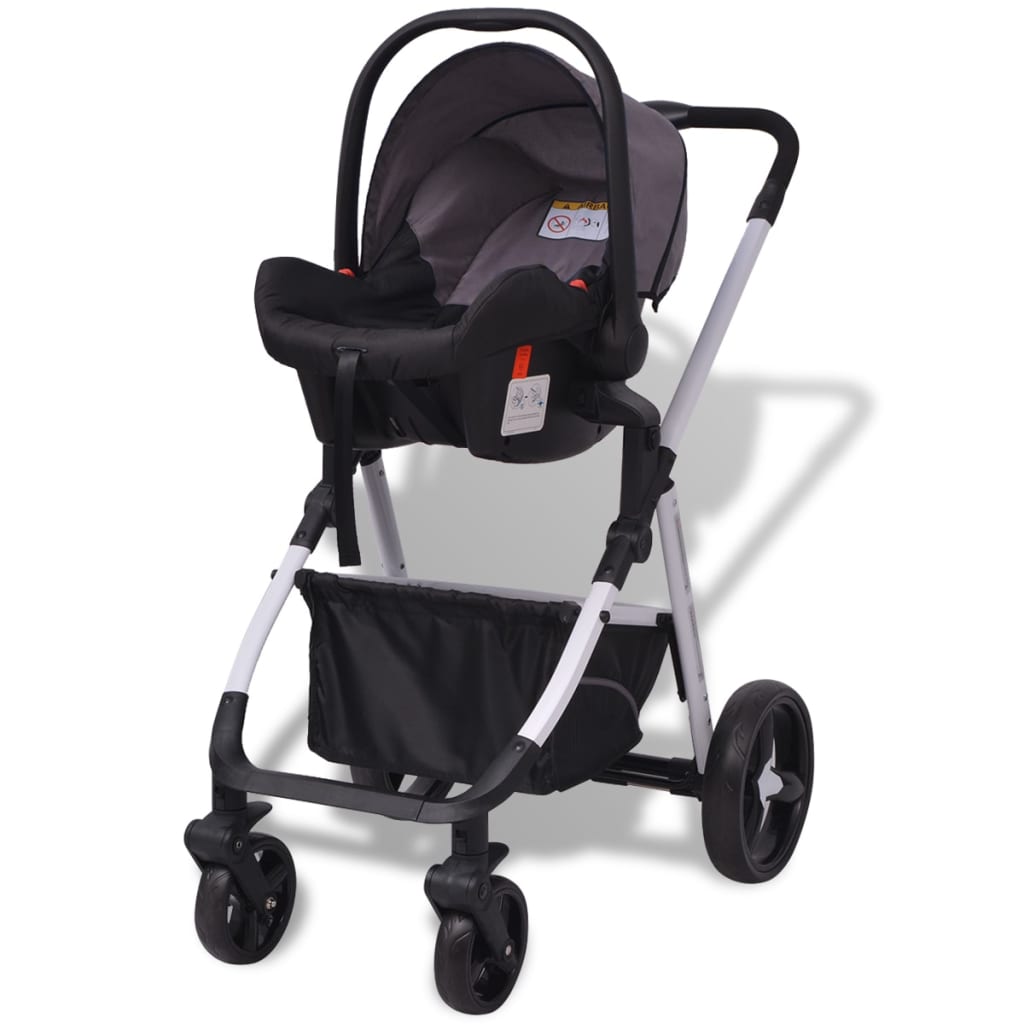vidaXL Бебешка количка 3-в-1, алуминиева, сиво и черно
