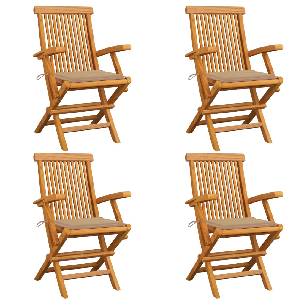 vidaXL Градински столове с бежови възглавници 4 бр тик масив