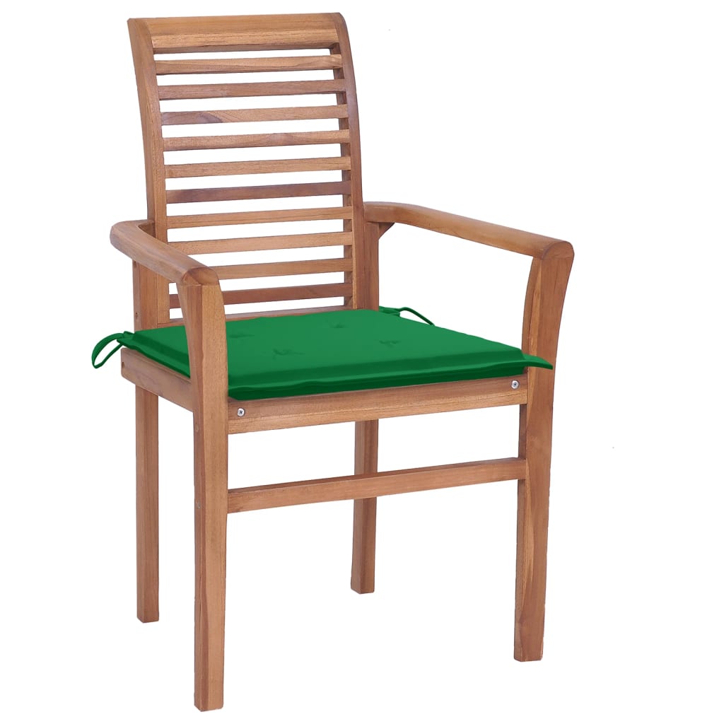 vidaXL Трапезни столове, 6 бр, със зелени възглавници, тик масив