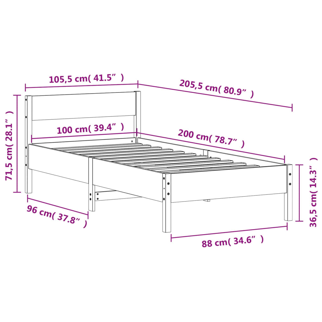 vidaXL Рамка за легло с табла, бяла, 100x200 см, борово дърво масив