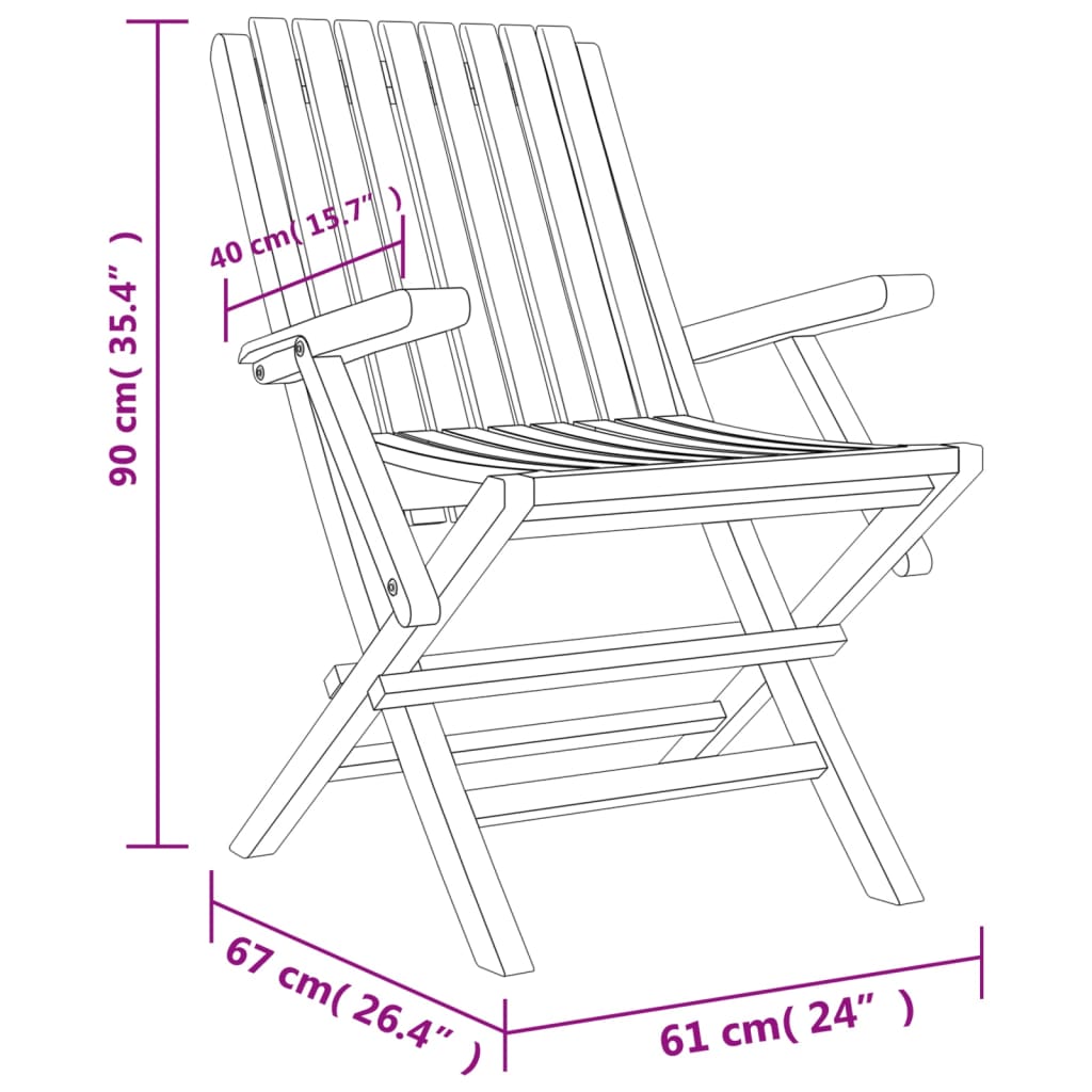 vidaXL Сгъваеми градински столове, 2 бр, 61x67x90 см, тик масив
