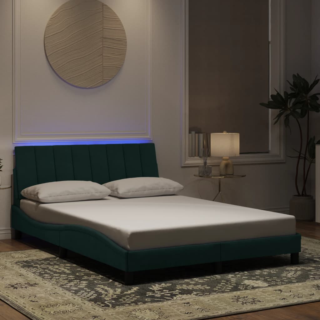 vidaXL Рамка за легло с LED осветление тъмнозелена 120x200 см кадифе