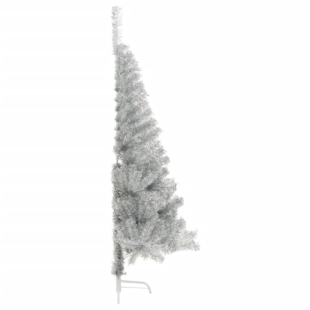 vidaXL Изкуствена половин коледна елха със стойка, сребро, 180 см, PET