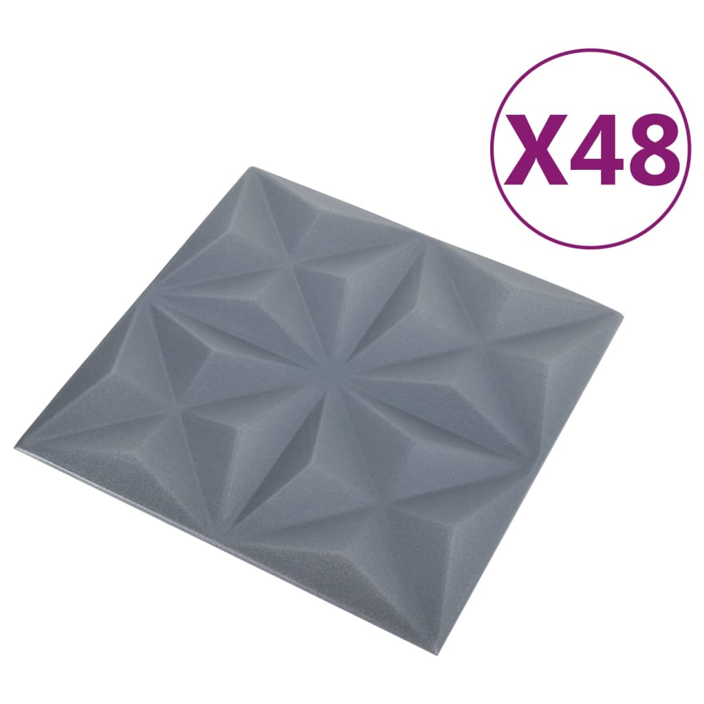 vidaXL 3D стенни панели, 48 бр, 50x50 см, оригами сиво, 12 м²