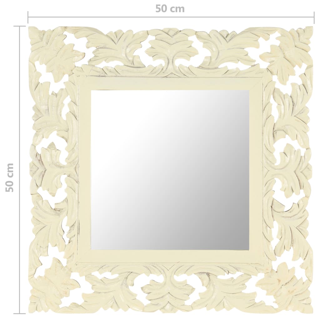 vidaXL Ръчно резбовано огледало, бяло, 50x50 см, мангово дърво масив