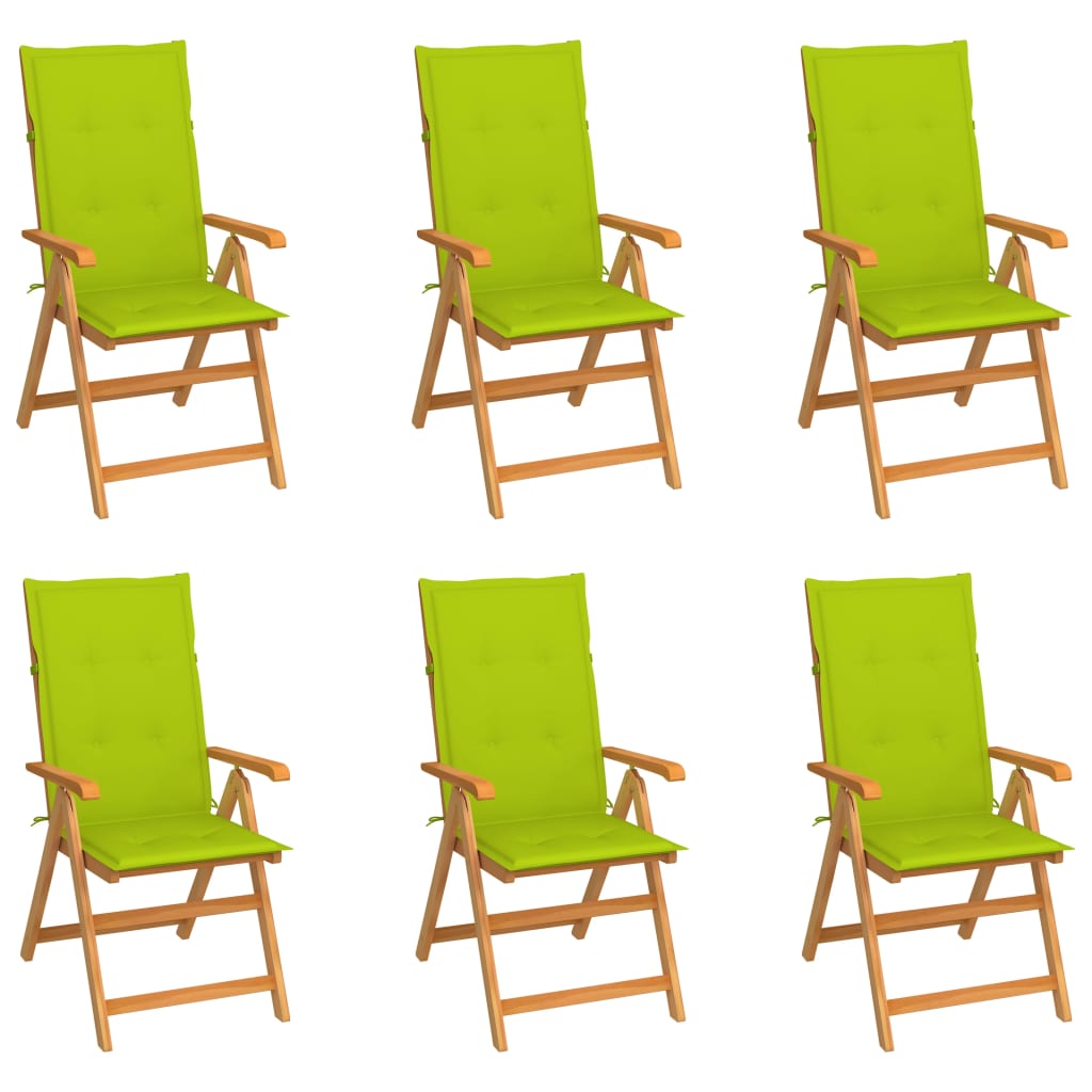 vidaXL Градински столове 6 бр, яркозелени възглавници, тик масив