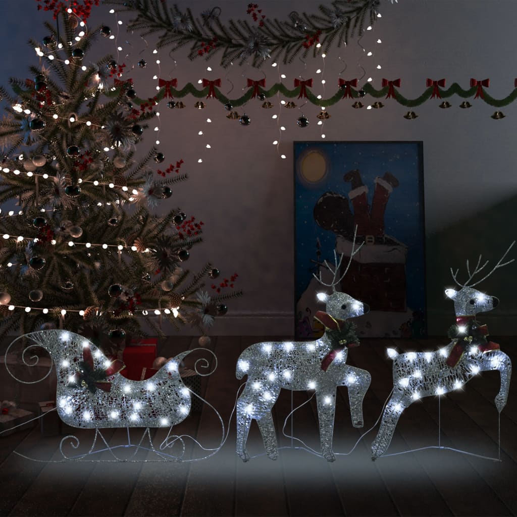 vidaXL Коледна украса елен и шейна, 60 LED, за открито, сребристо