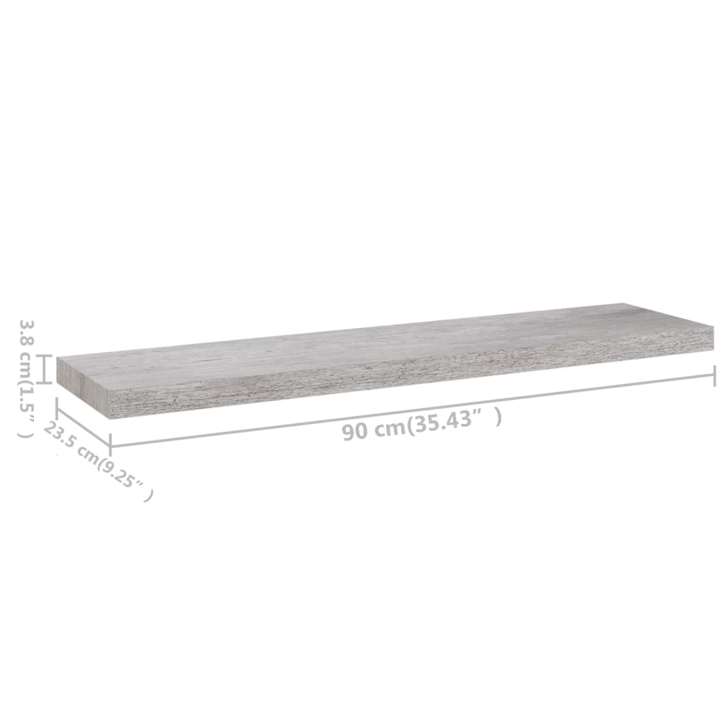vidaXL Окачени стенни рафтове 2 бр бетонно сиви 90x23,5x3,8 см МДФ
