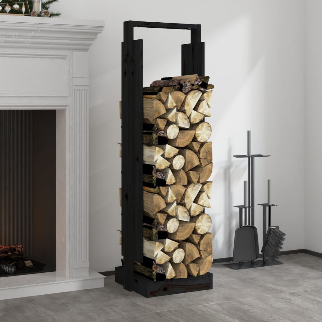 vidaXL Поставка за дърва за огрев, черна, 33,5x30x110 см, бор масив