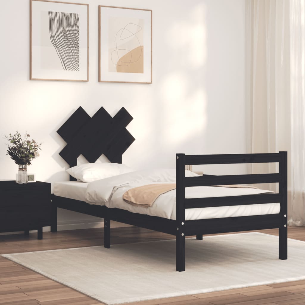 vidaXL Рамка за легло с табла, черно, 90x200 см, масивно дърво
