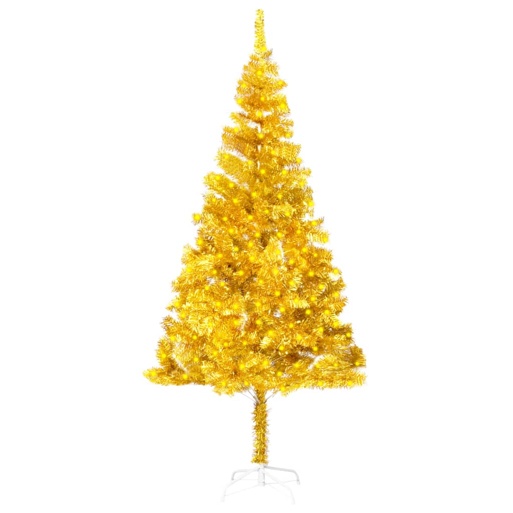 vidaXL Изкуствена осветена коледна елха със стойка златиста 180 см PET