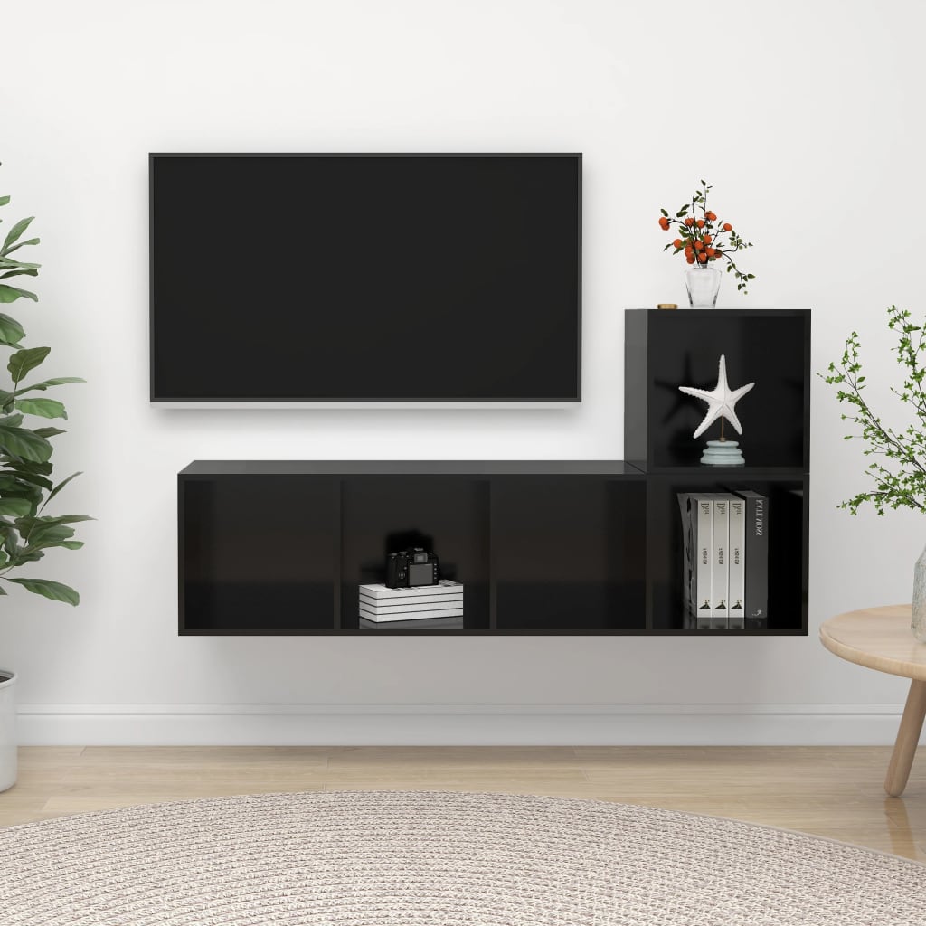 vidaXL Комплект ТВ шкафове от 2 части, черен гланц, ПДЧ