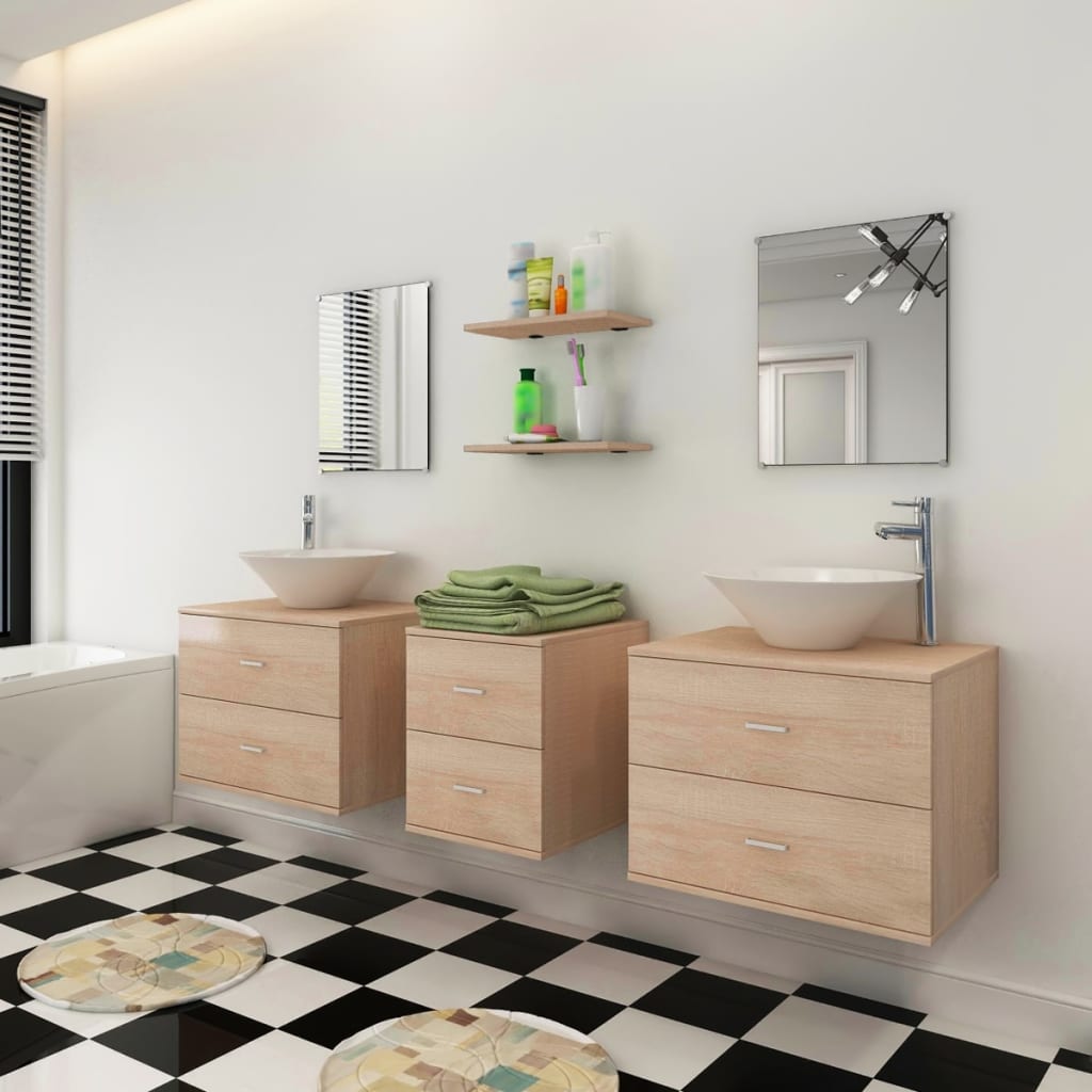 vidaXL Комплект мебели за баня от 7 части и мивка, бежов цвят
