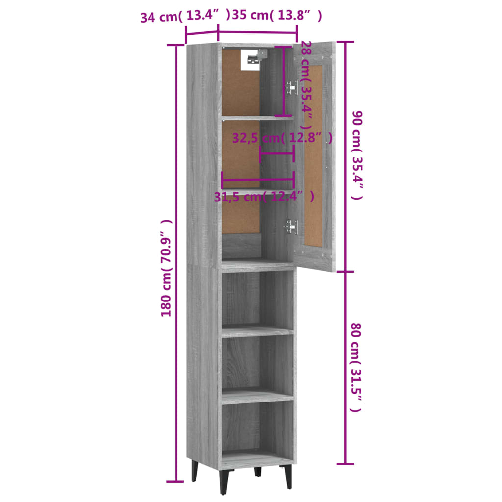 vidaXL Висок шкаф, сив сонома, 35x34x180 см, инженерно дърво