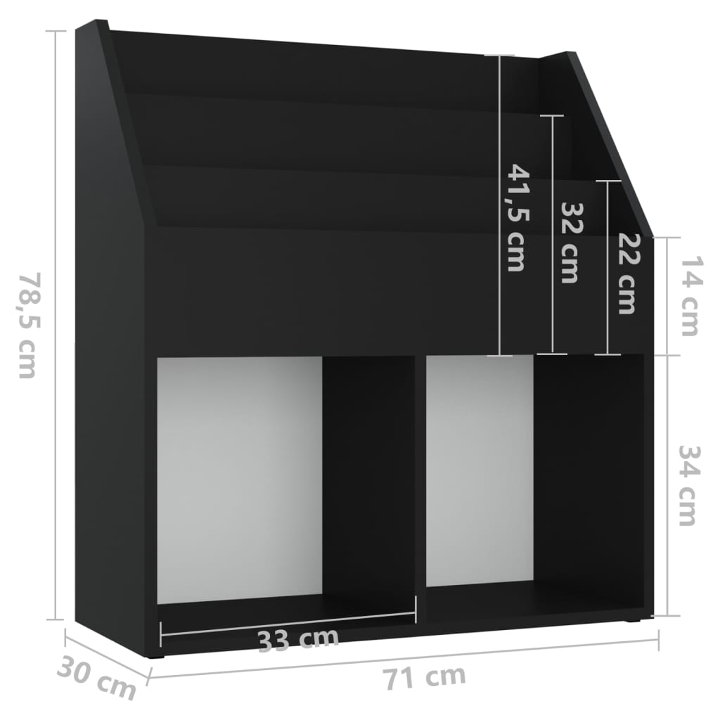 vidaXL Етажерка за детски книжки, черна, 71x30x78,5 см, ПДЧ