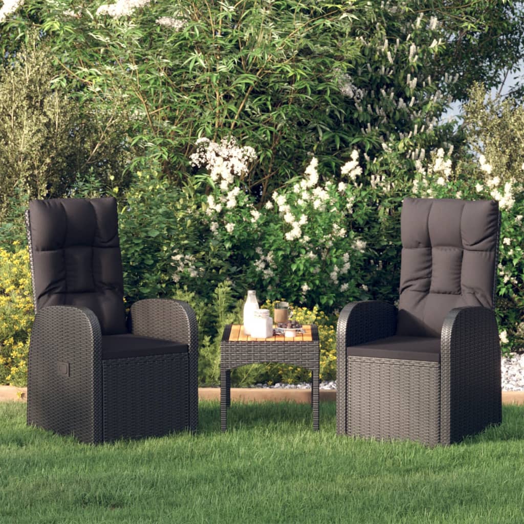 vidaXL Накланящи градински столове с възглавници 2 бр черни полиратан