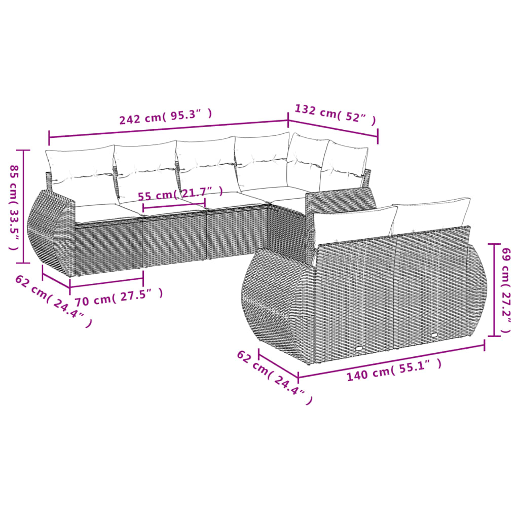 vidaXL Градински диван с възглавници, 7 части, полиратан, сив