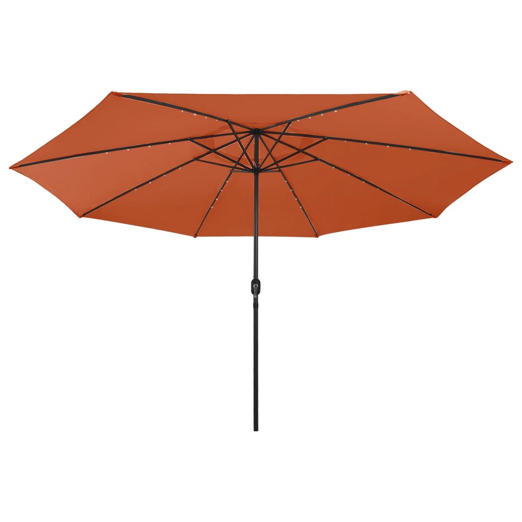 vidaXL Градински чадър с LED лампички и метален прът, 400 см, теракота