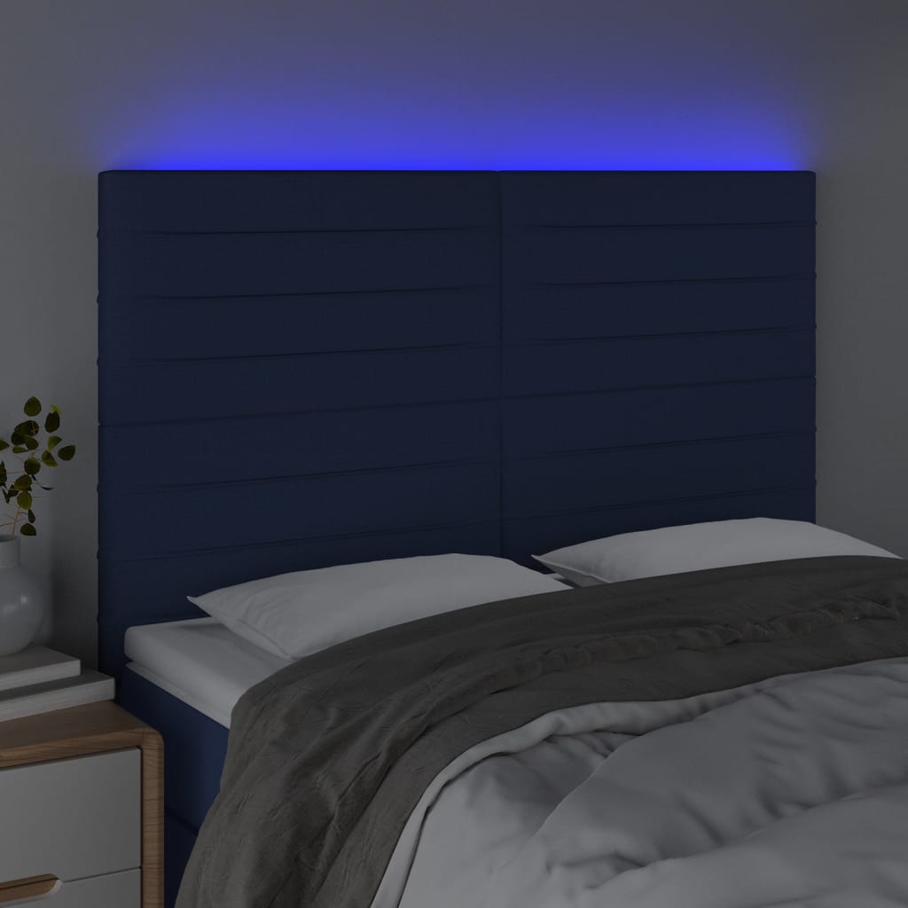 vidaXL LED горна табла за легло, синя, 144x5x118/128 см, плат