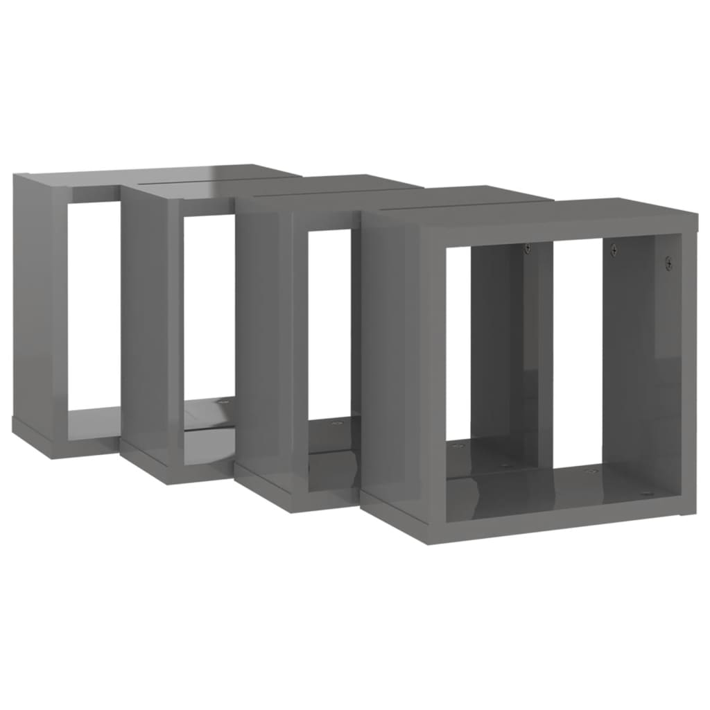 vidaXL Стенни кубични рафтове, 4 бр, сив гланц, 30x15x30 см