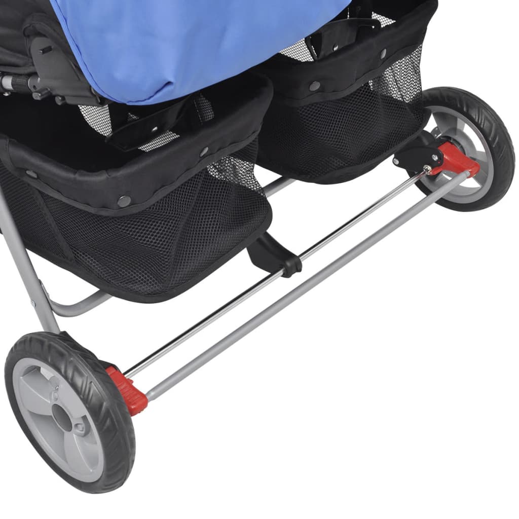 vidaXL Бебешка количка за близнаци, стомана, синьо и черно