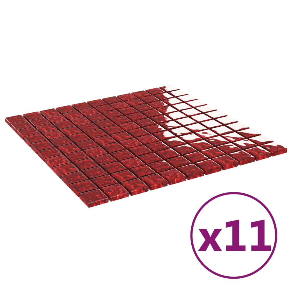 vidaXL Плочки тип мозайка, 11 бр, червено, 30х30 см, стъкло