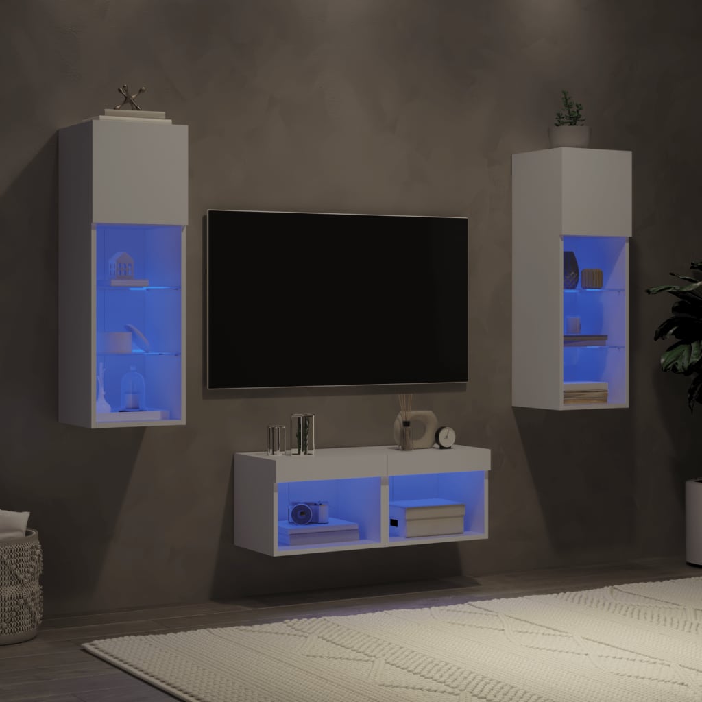 vidaXL ТВ стенни шкафове, 4 части, с LED светлини, бели