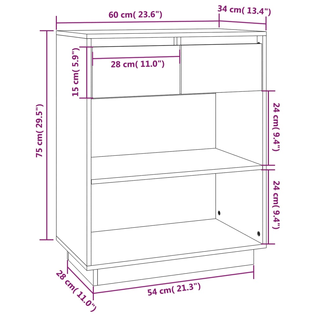 vidaXL Конзолен шкаф, сив, 60x34x75 см, бор масив