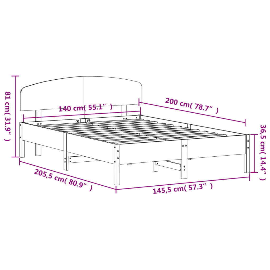 vidaXL Рамка за легло с табла, 140х200 см, бор масив