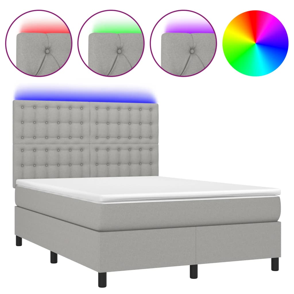 vidaXL Боксспринг легло с матрак и LED, светлосиво, 140x190 см, плат