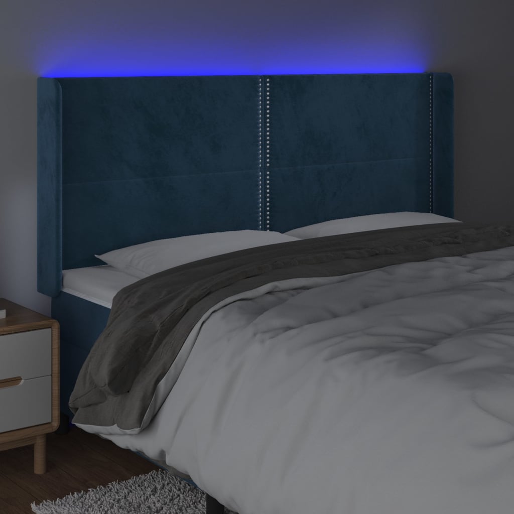 vidaXL LED горна табла за легло, тъмносиня, 183x16x118/128 см, кадифе