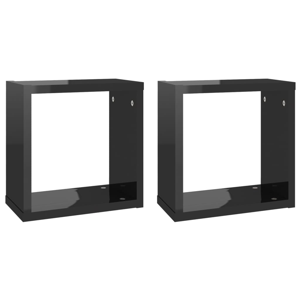 vidaXL Стенни кубични рафтове, 2 бр, черен гланц, 30x15x30 см