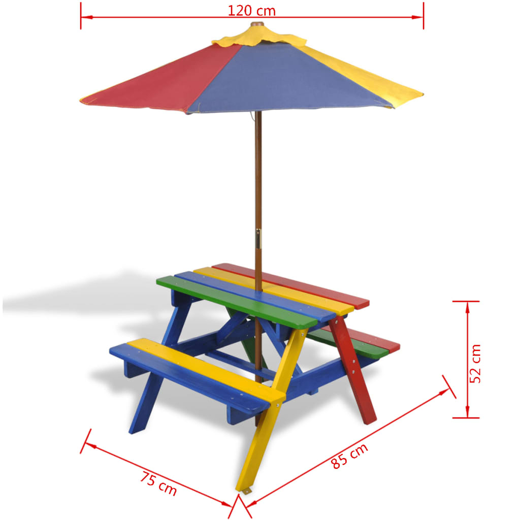 vidaXL Детска пикник маса с пейки и чадър, многоцветна, дърво