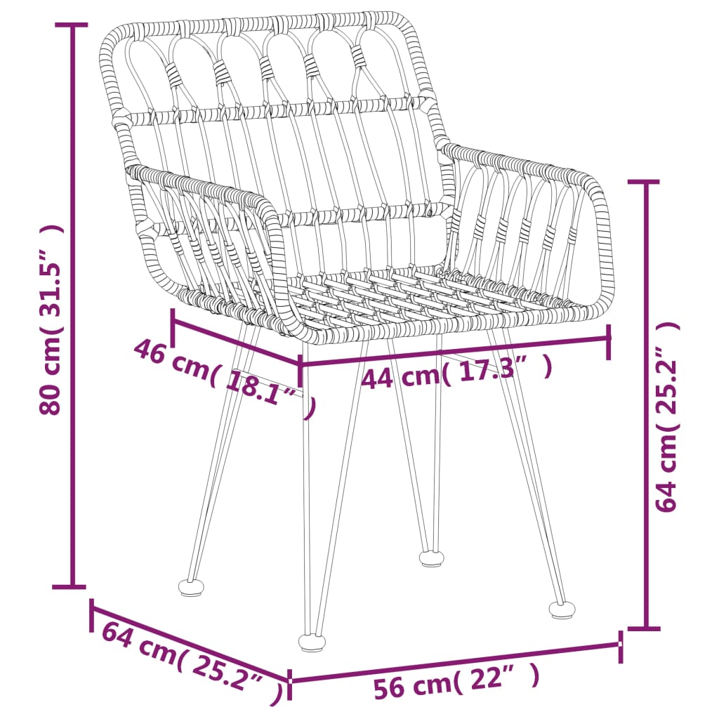 vidaXL Градински столове 2 бр с подлакътник 56x64x80 см PE ратан