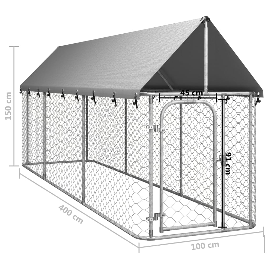 vidaXL Дворна клетка за кучета с покрив, 400x100x150 см