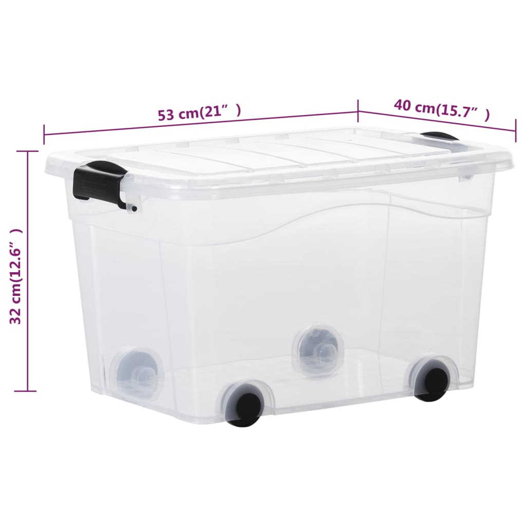 vidaXL Кутии за съхранение с колела и капаци, 2 бр, прозрачни, 40 л