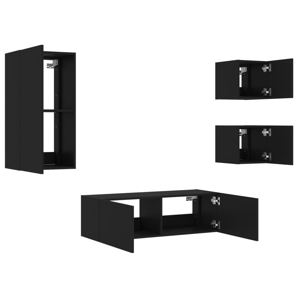 vidaXL ТВ стенни шкафове, 4 части, с LED светлини, черни