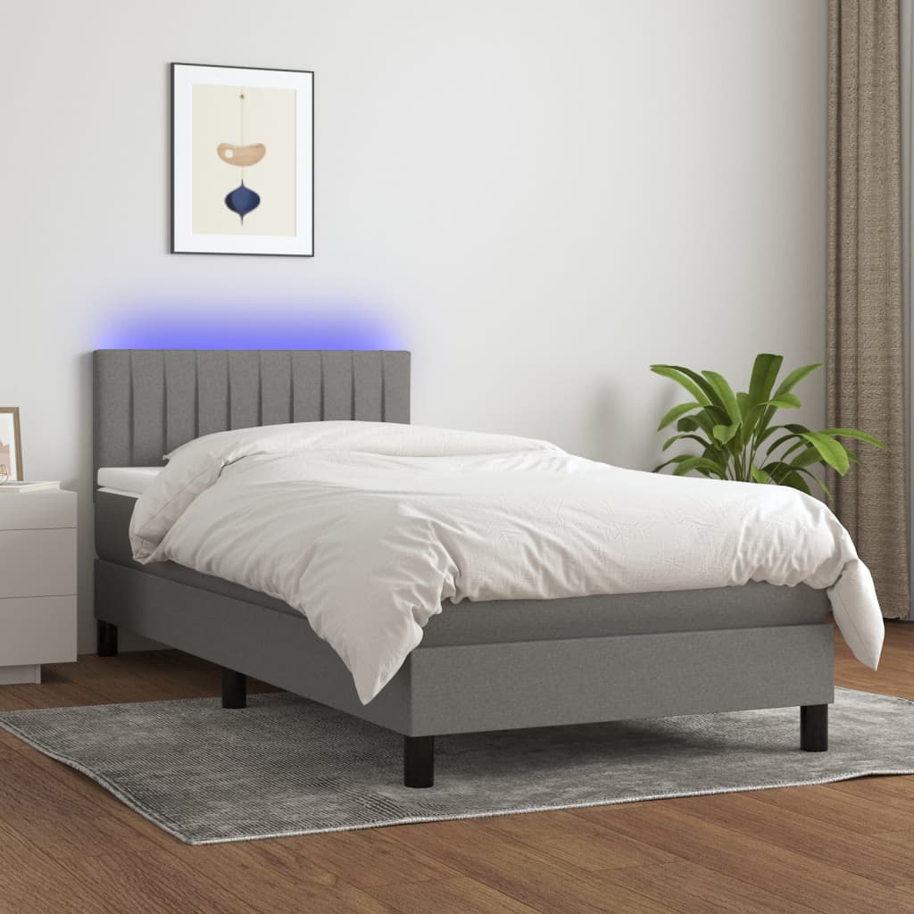 vidaXL Боксспринг легло с матрак и LED, тъмносиво, 100x200 см, плат