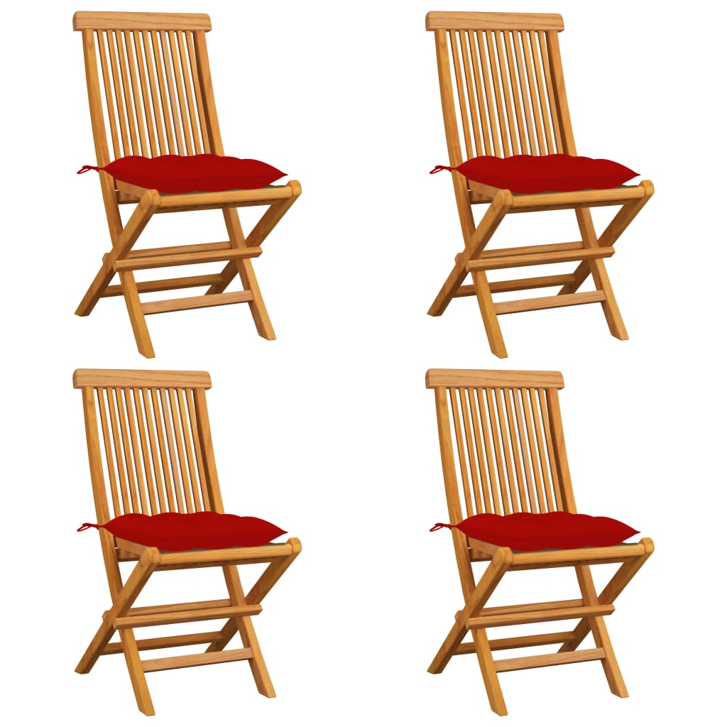 vidaXL Градински столове с червени възглавници 4 бр тиково дърво масив