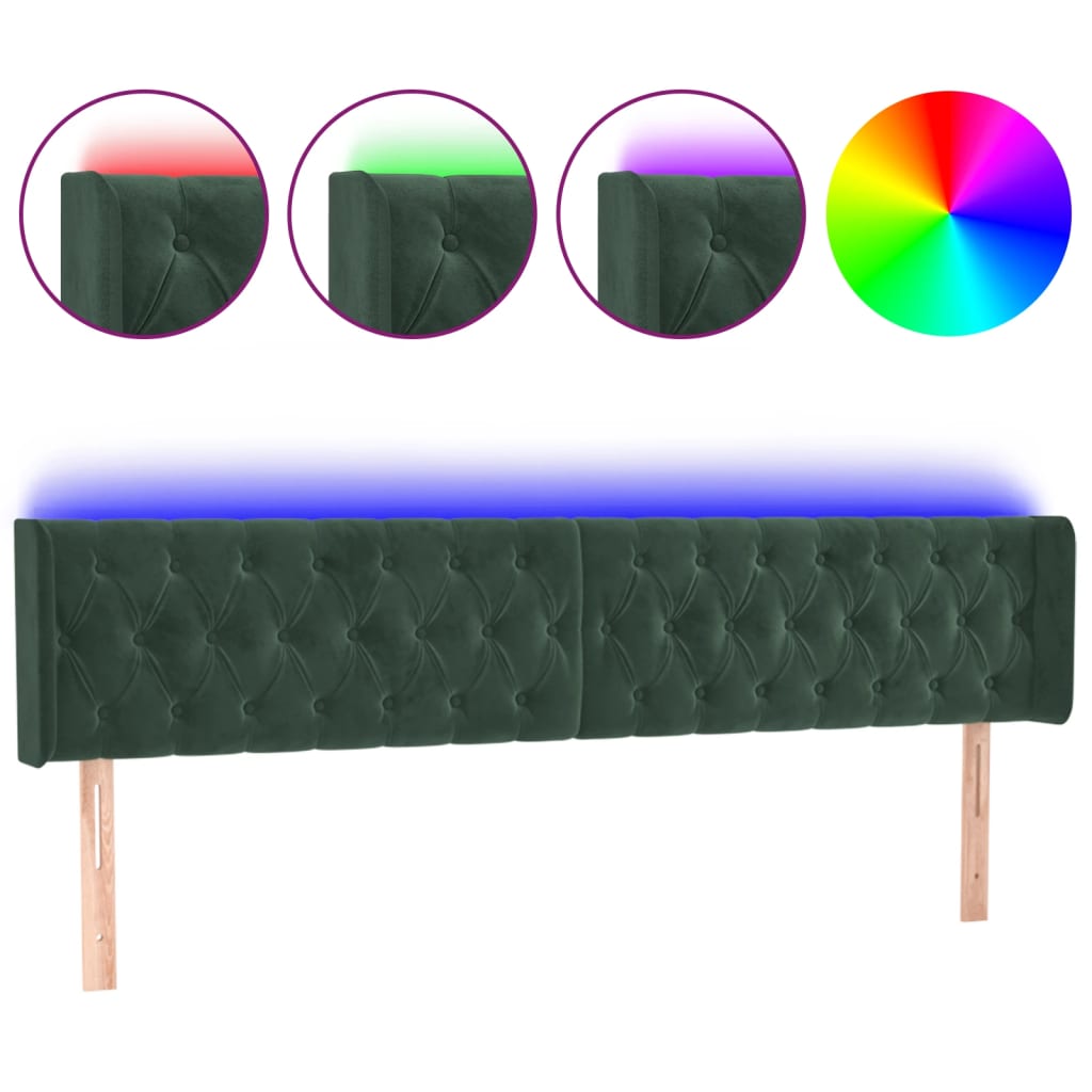 vidaXL LED горна табла за легло, тъмнозелена, 203x16x78/88 см, кадифе