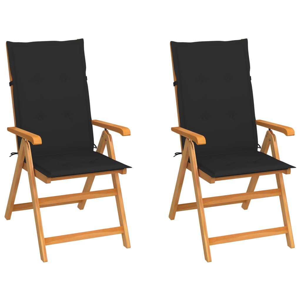 vidaXL Градински столове, 2 бр, черни възглавници, тиково дърво масив