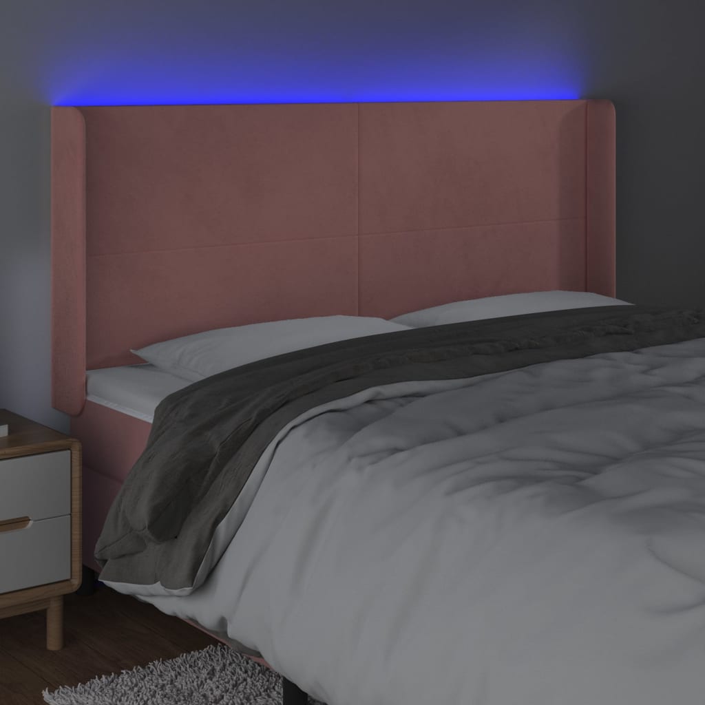 vidaXL LED горна табла за легло, розова, 203x16x118/128 см, кадифе