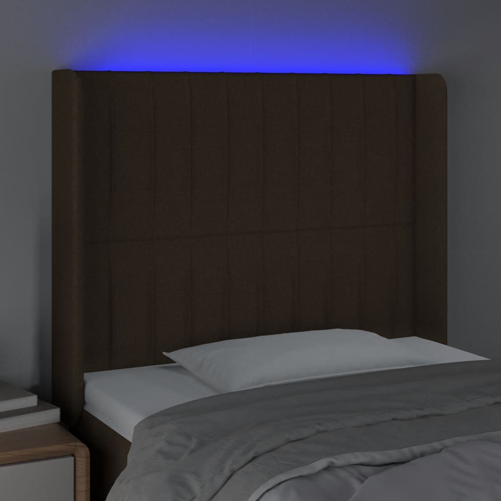 vidaXL LED горна табла за легло, тъмнокафява,103x16x118/128 см, плат