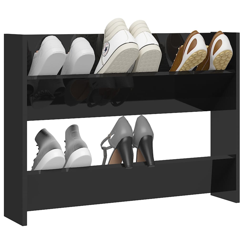 vidaXL Стенен шкаф за обувки, черен гланц, 80x18x60 см, ПДЧ