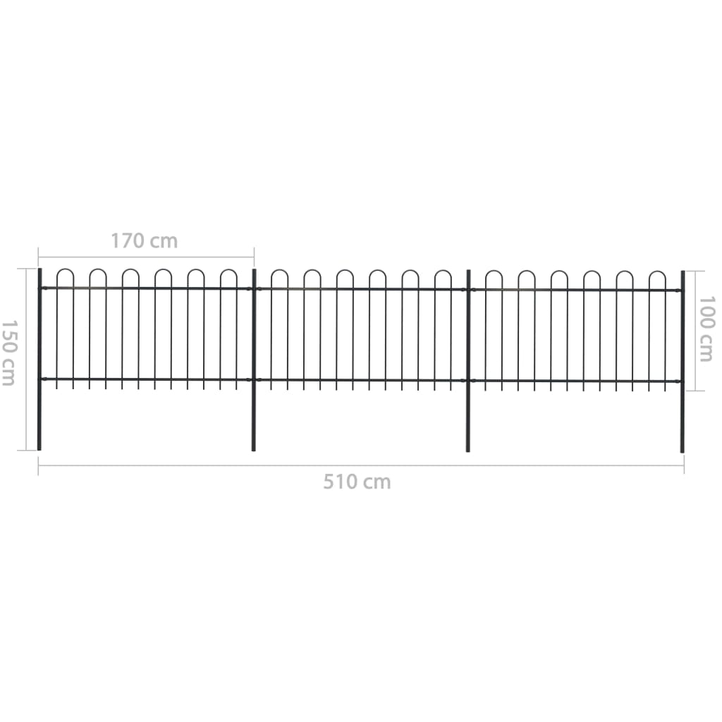 vidaXL Градинска ограда с извити върхове, стомана, 5,1x1 м, черна