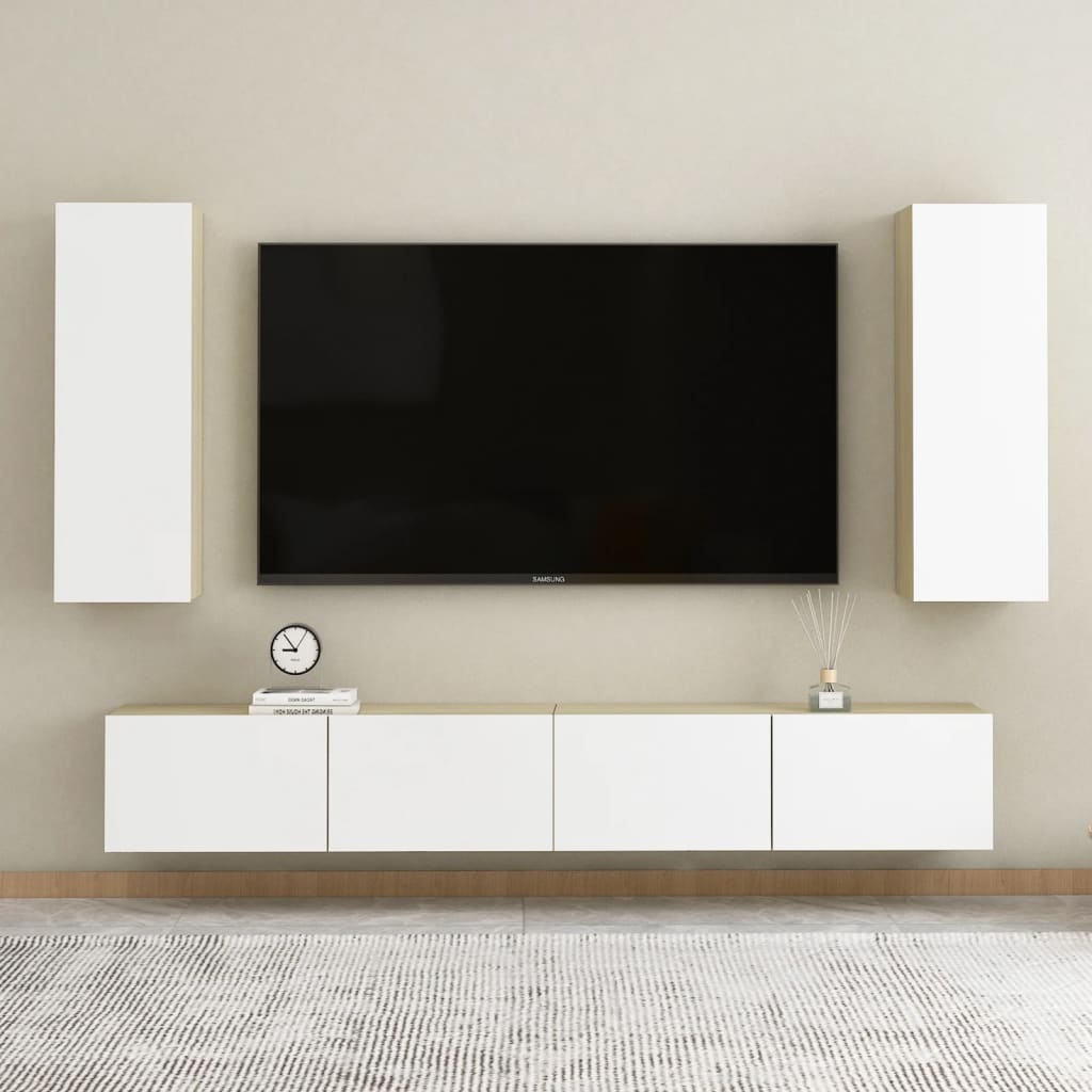 vidaXL ТВ шкафове, 2 бр, бяло и дъб сонома, 30,5x30x90 см, ПДЧ