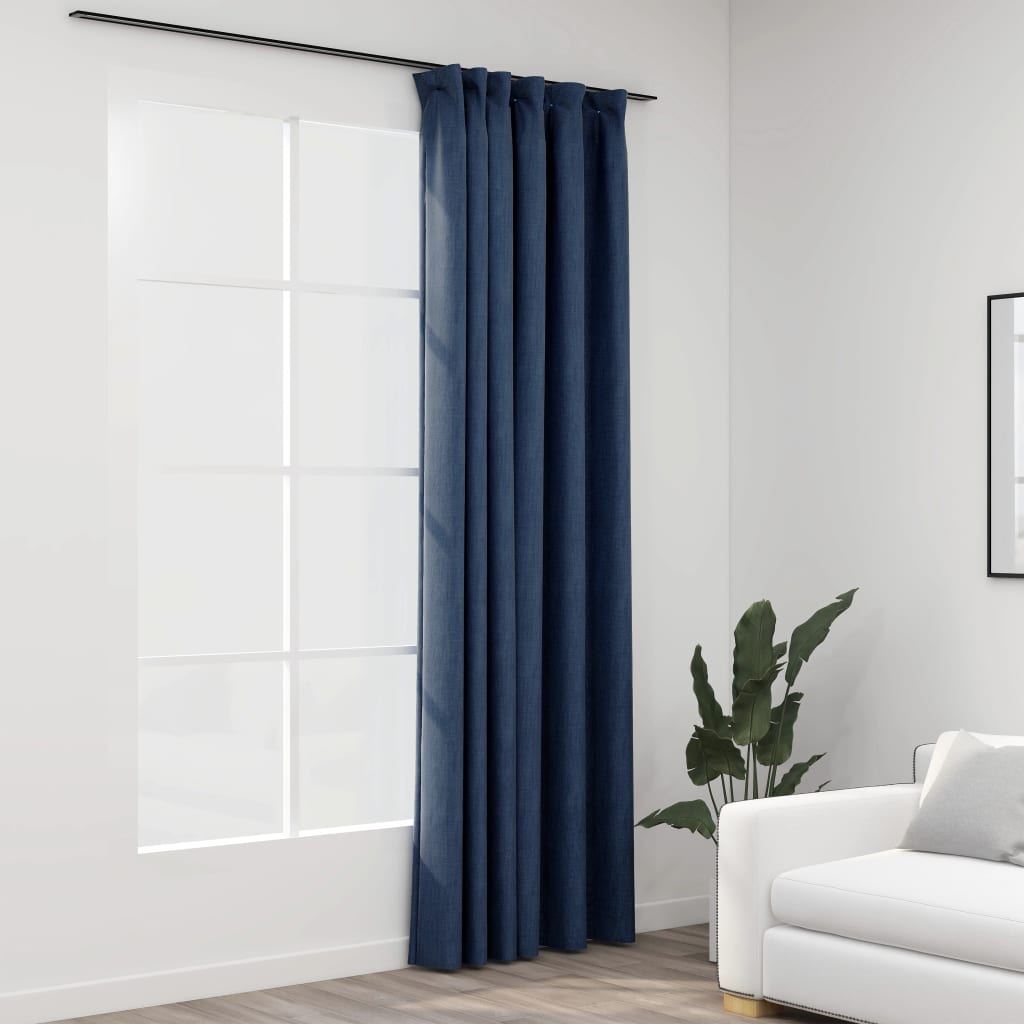 vidaXL Затъмняваща завеса с куки, имитираща лен, синя, 290x245 см