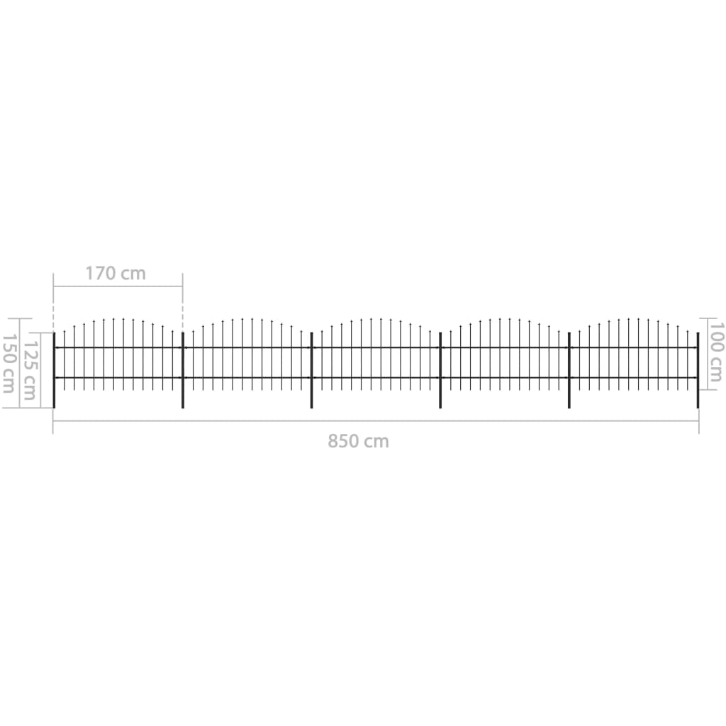 vidaXL Градинска ограда с пики, стомана, (0,75-1)x8,5 м, черна