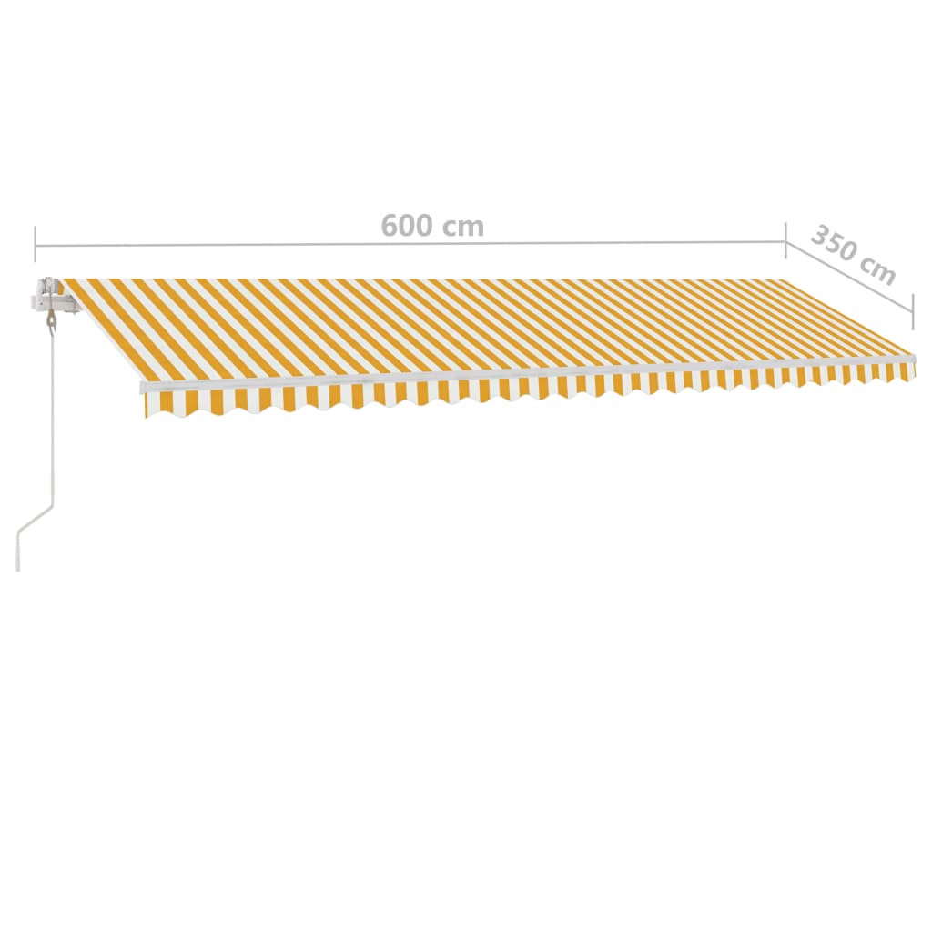 vidaXL Ръчно прибиращ се сенник с LED, 600x350 см, жълто и бяло